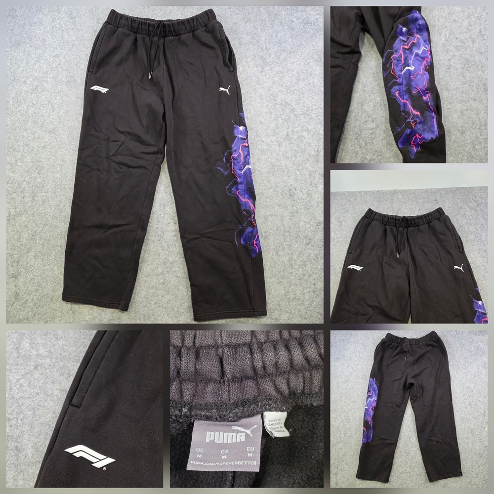 Puma Pants Mens Medium Black F1 Formula 1 Sweatpants Graphic Fleece Racing